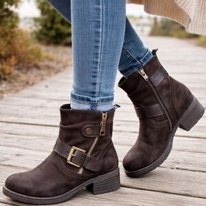 Dunes NEW Max Modern Moto Harness Block Heel Moto Bootie 7.5M